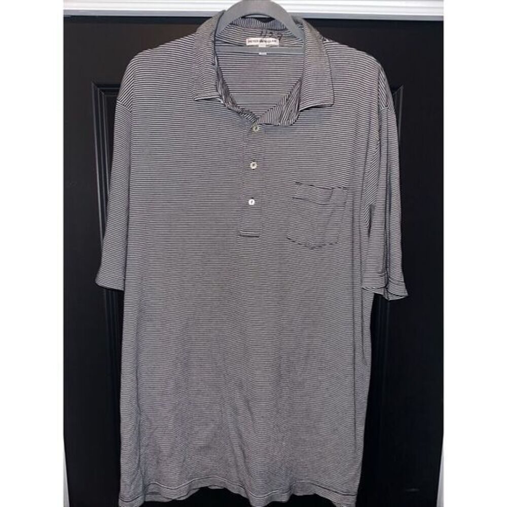 Peter Millar Mens Polo Golf Shirt Large XL‎ Black/White Stripe Cotton